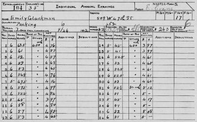 N.Y.S.F.I.C. Form 5: Individual Annual Earnings, Establishment 104, Employee's No. 35, Emily Glackman.