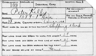 N.Y.S.F.I.C. Form 1: Individual Card, Establishment 109, Peter Kelly