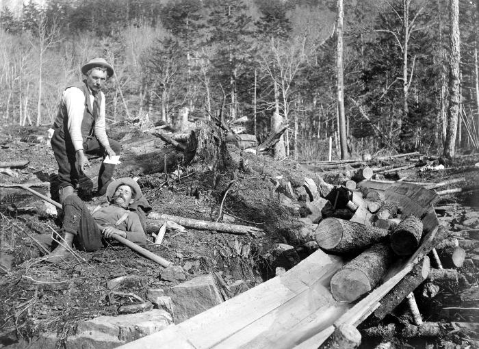 Loggers. Unidentified print of two men near a timber conveyor structure