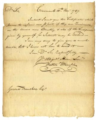 Letter from Walter Wimple to Gerard Bancker Esq,  1789