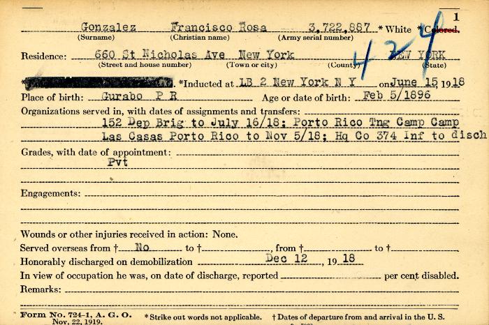 World War I military service abstract for Francisco R. Gonzalez