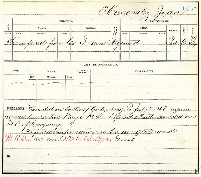 Civil War muster roll abstract for Juan Hernandez of the 39th Infantry
