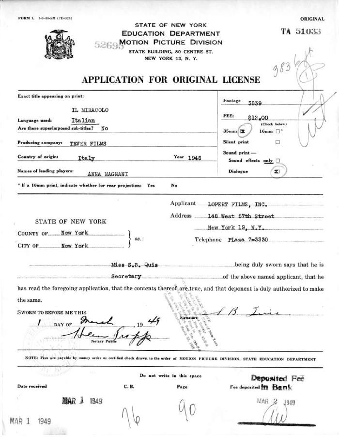 Application for original license for Il Miracolo