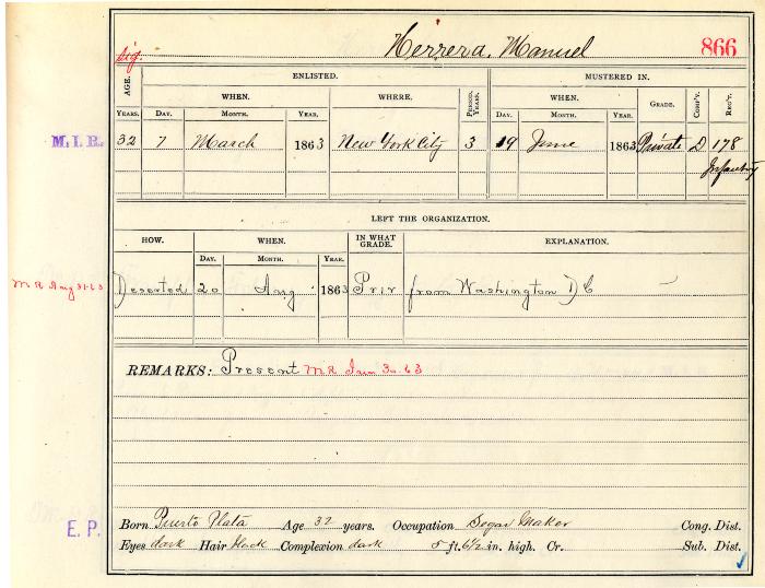 Civil War muster roll abstract for Manuel Herrera of the 178th Infantry
