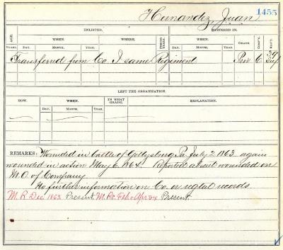 Civil War muster roll abstract for Juan Hernandez of the 39th Infantry
