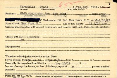 World War I military service abstract for Frank Hernandez