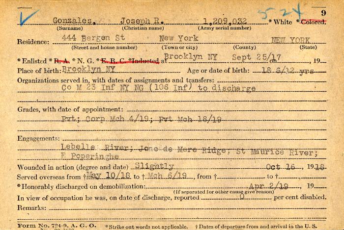 World War I military service abstract for Joseph R. Gonzalez