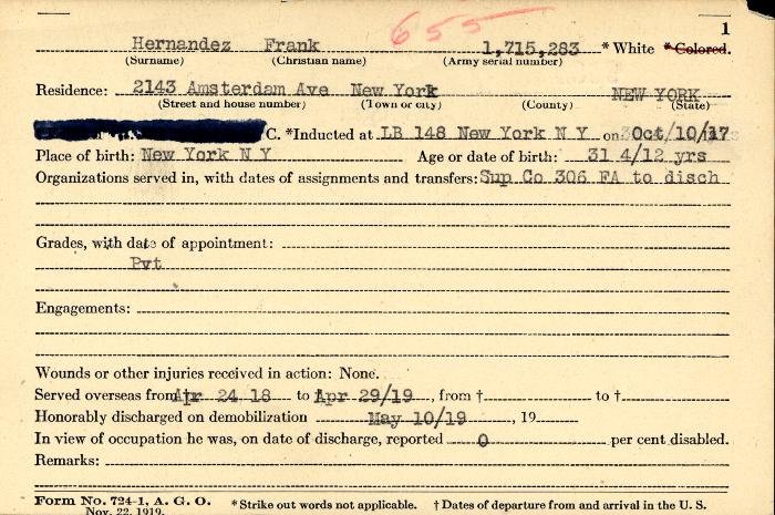 World War I military service abstract for Frank Hernandez