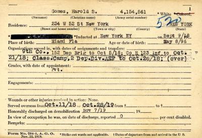 World War I military service abstract for Harold S. Gomez