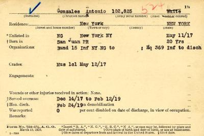 World War I military service abstract for Antonio Gonzales