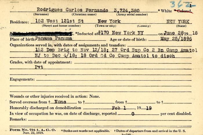 World War I military service abstract for Carlos Fernando Rodriguez