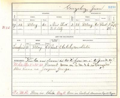 Civil War muster roll abstract for Juan Gonzalez of the 39th Infantry
