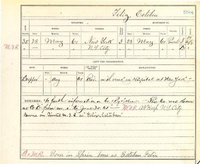 Civil War muster roll abstract for Esteban Feliz of the 39th Infantry