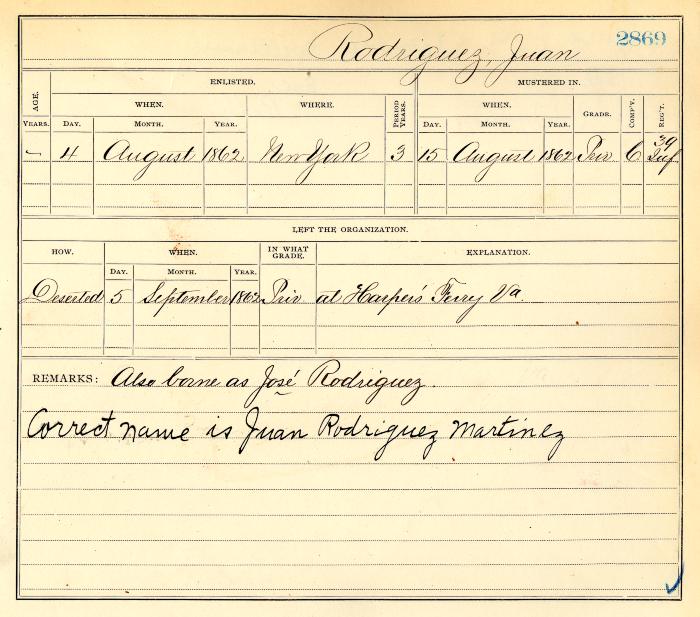 Civil Roll muster roll abstract for Juan Rodriguez of the 39th Infantry
