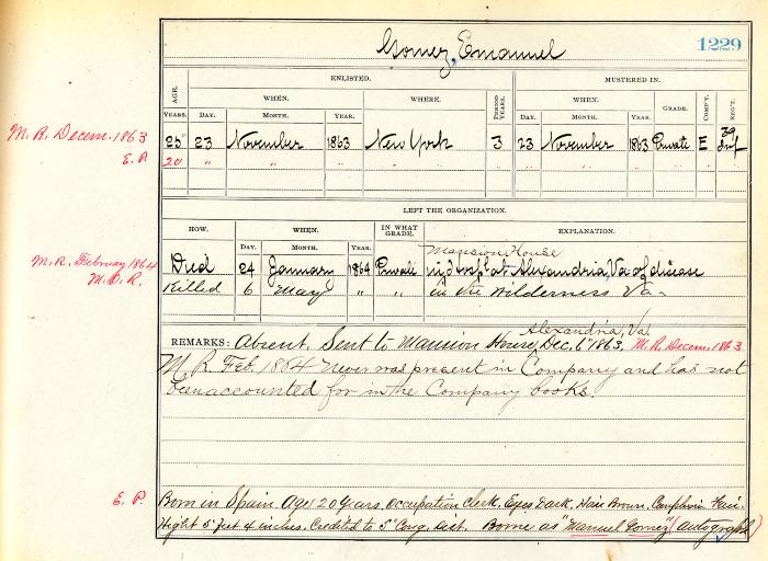 Civil War muster roll abstract for Emanuel Gomez of the 39th Infantry
