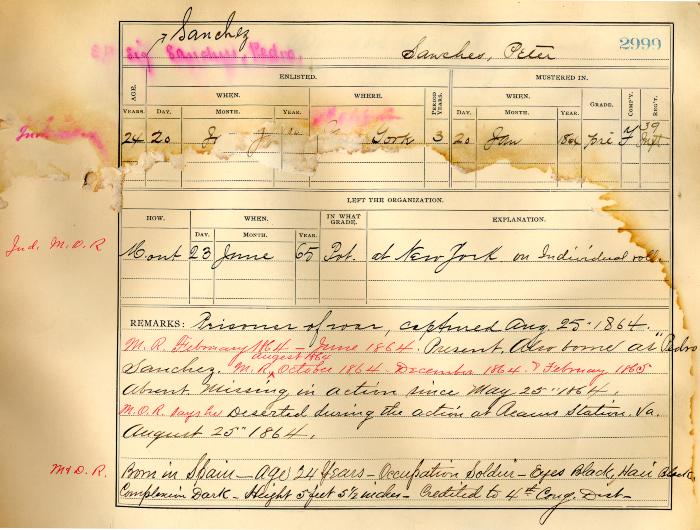 Civil War muster roll abstract for Pedro Sanchez of the 39th Infantry
