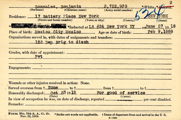 World War I military service abstract for Benjamin Gonzalez