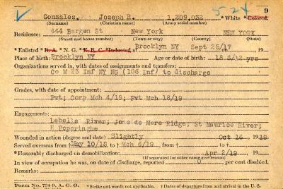 World War I military service abstract for Joseph R. Gonzalez