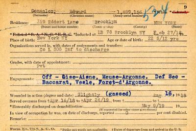 World War I military service abstract for Edward Gonzalez