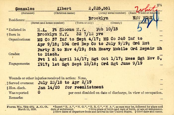 World War I military service abstract for Albert Gonzales