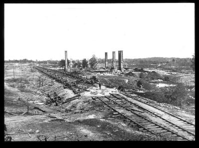 Ruins of rolling mill and cars destroyed by the Confederate Army before the evacuation of Atlanta