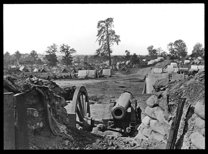 Civil War camp with positioned cannon