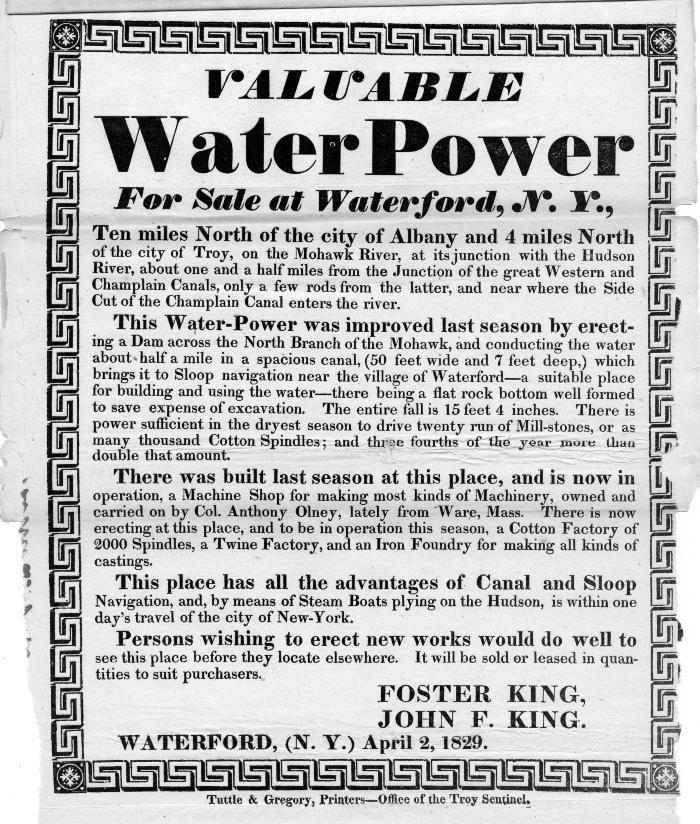 Valuable Water Power for Sale at Waterford, NY
