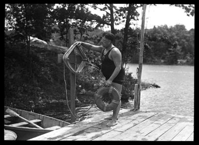 Ring, light buoy, rope and support at dock of Sea Scouts Camp. Palisades Interstate Park, New Jersey