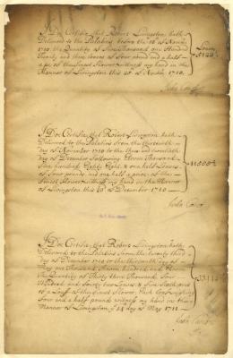 Certificates of the delivery of bread and sundries by Robert Livingston, for the Palatines