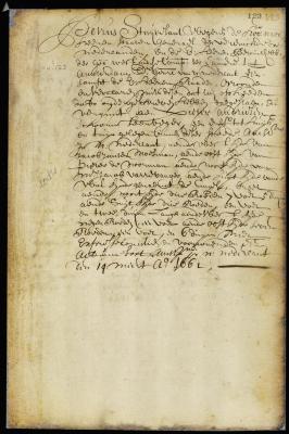 Patent of Peter Andriessen for a lot on the south side of the Wall in New Amsterdam (Wall Street)