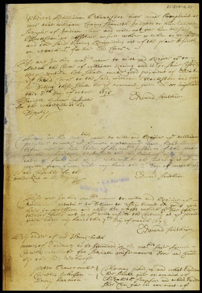 Copy of an attachment in favor of William Blackston against William Caning, issued by Edward Southrin