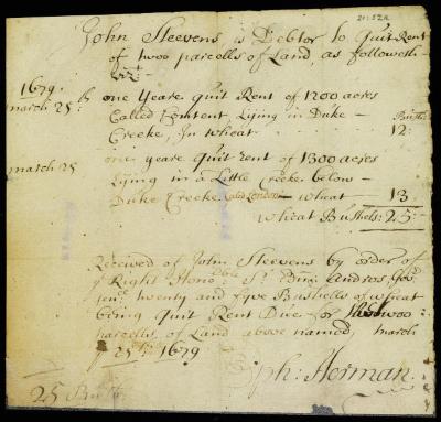 Receipt of Ephm. Herman to John Steevens for 25 bushels of wheat for quit-rent