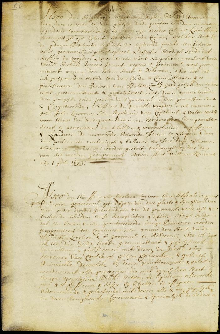 Commission of Olof Stevese van Cortlandt, Gelyn Verplancke and Gabriel Minvielle to settle the estate of the late gov. Lovelace