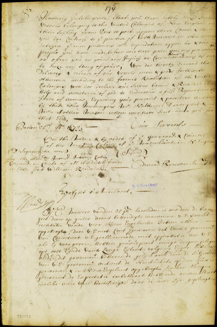 Letter from the gov. and council of Massachusetts to gov. Colve