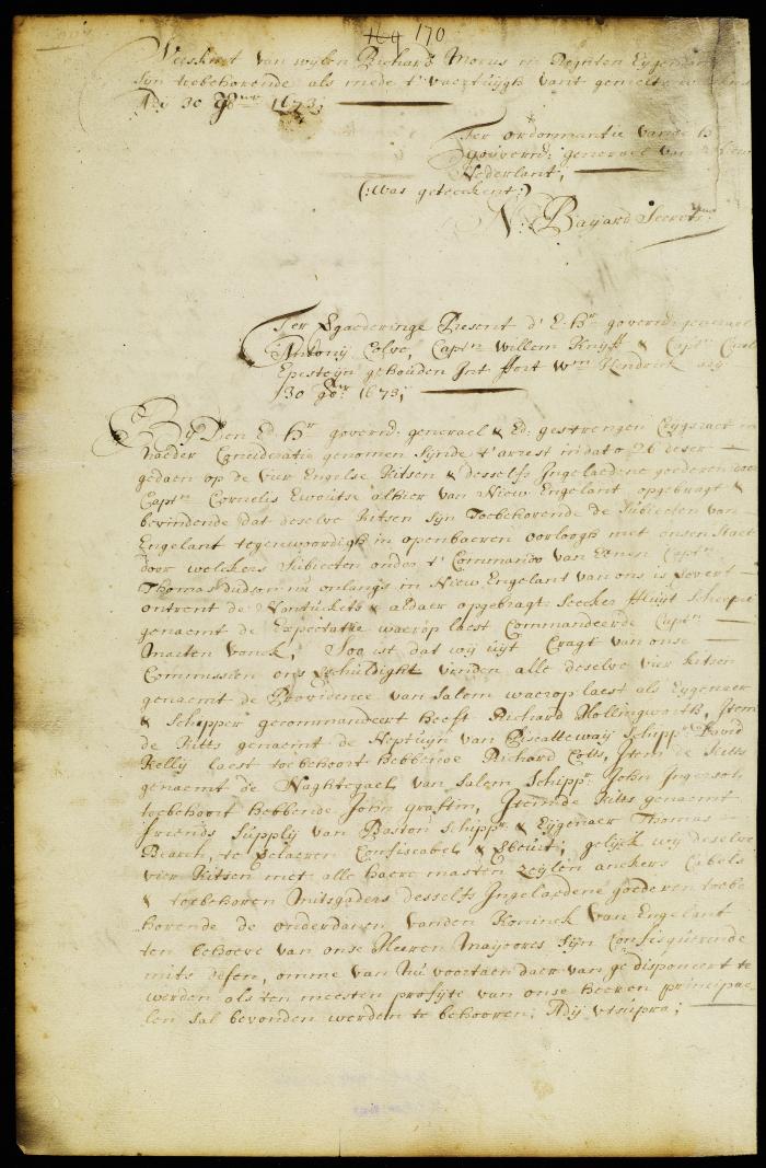 Order confiscating the four New England ships brought in by capt. Ewoutsen