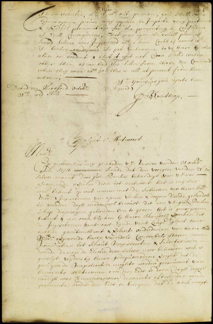 Letter from gov. Colve to gov. Winthrop