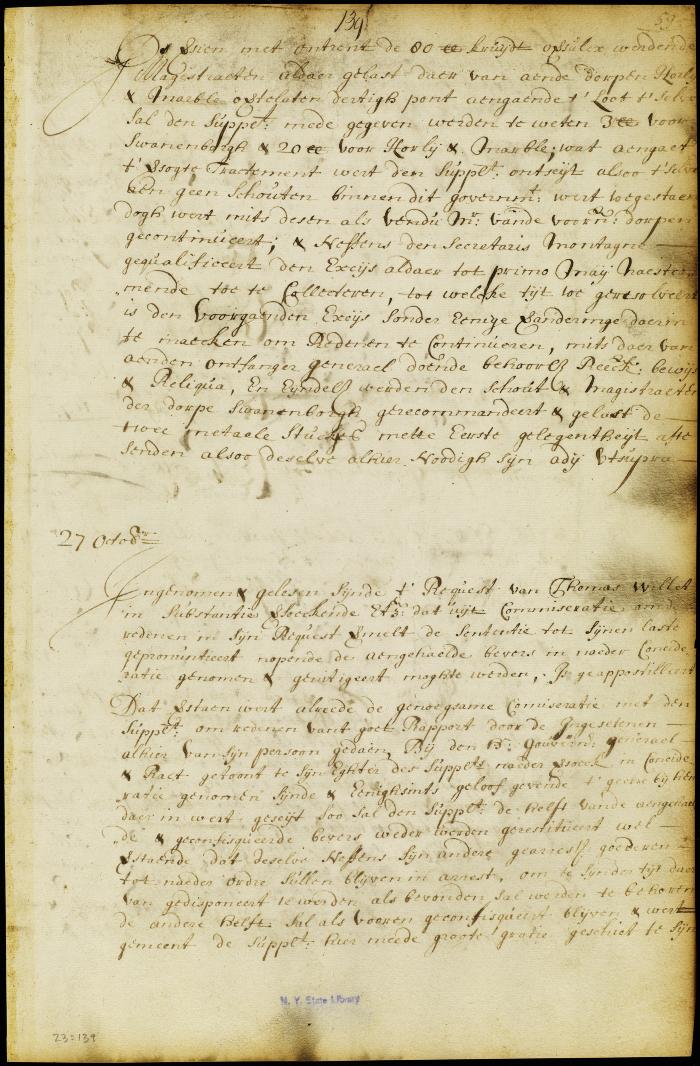 Council minutes of mitigation of the seizure of Mr. Willet's beavers and appointment of curators of the late Nicolas Davis's estate