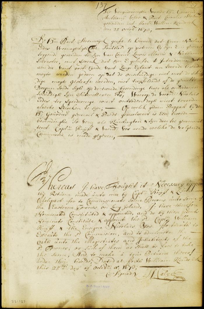 Commission of Capt. Knyff and ensign Vos to administer the oath of allegiance to the eastern towns on Long Island