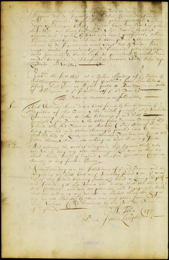 Answer of the town of Southampton, refusing to swear allegiance to the Dutch government