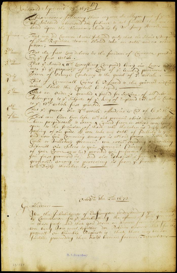 Letter from the court of Easthampton to the Dutch commissioners
