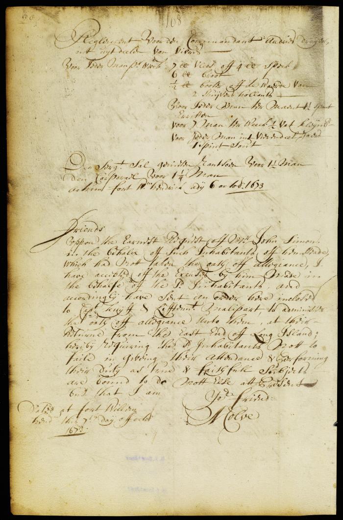 Letter from gov. Colve to Hempstead