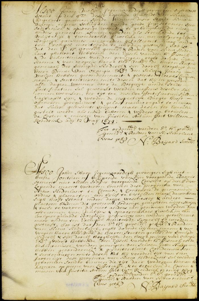 Sentence of Isaac Melyn to hard labor at the fort for uttering seditious language
