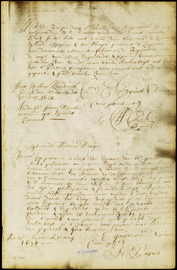 Letter from gov. Colve to Johan Doncker