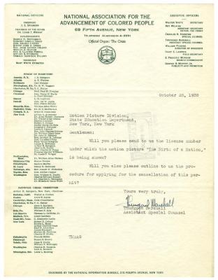 Letter from Thurgood Marshall Concerning the Film "The Birth of a Nation"