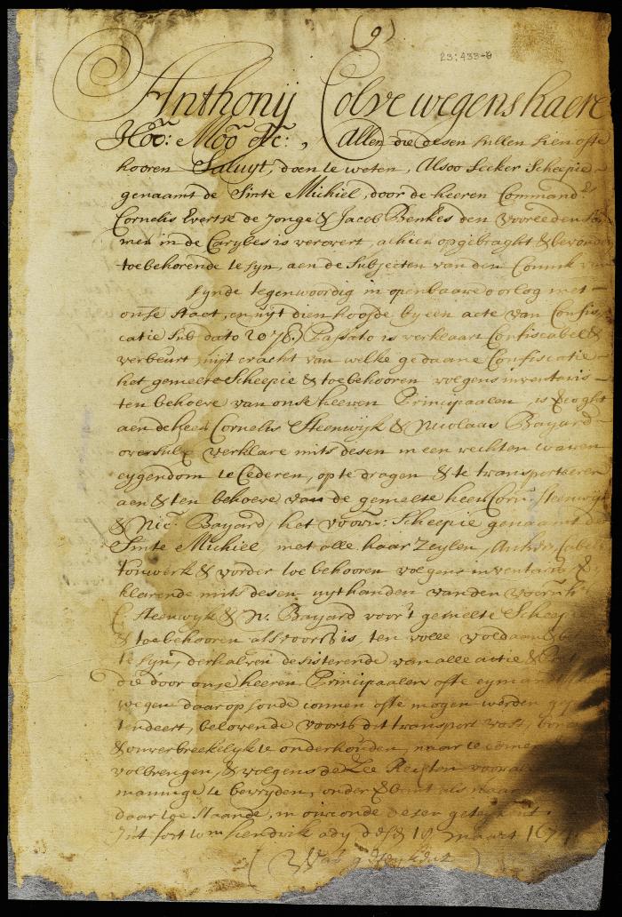 Bill of sale to Cornelis Steenwyck and Nicholas Bayard of the confiscated ship St. Michael