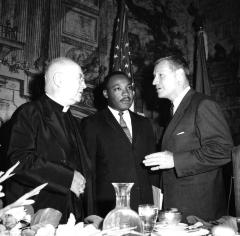 Cardinal Spellman, Dr. Martin Luther King Jr. and Governor Nelson Rockefeller at Emancipation Proclamation Celebration, 1962