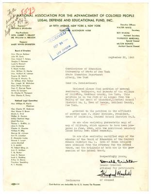 Letter from NAACP Special Counsel Thurgood Marshall and attorney Donald Crichton to New York State Education Commissioner, September 23, 1943