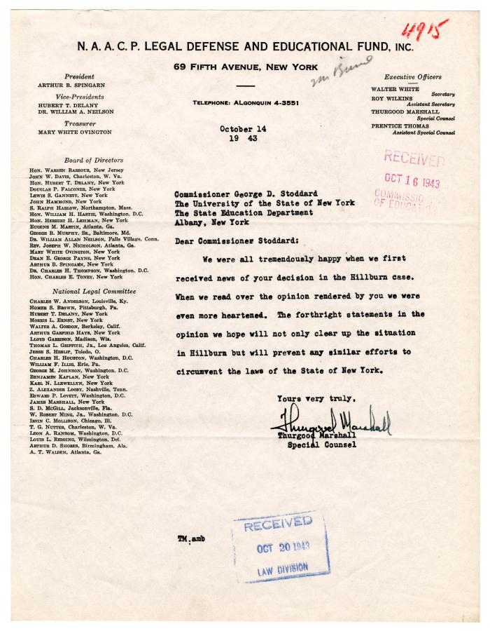 Letter from NAACP Special Counsel Thurgood Marshall to New York State Education Commissioner George D. Stoddard, October 14, 1943