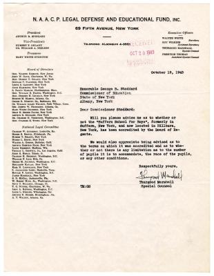 Letter from NAACP Special Counsel Thurgood Marshall to New York State Education Commissioner George D. Stoddard, October 19, 1943