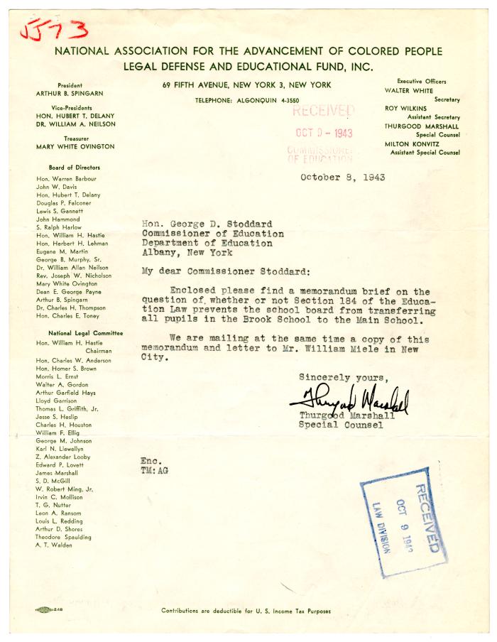 Letter from NAACP Special Counsel Thurgood Marshall to New York State Education Commissioner George D. Stoddard, October 8, 1943